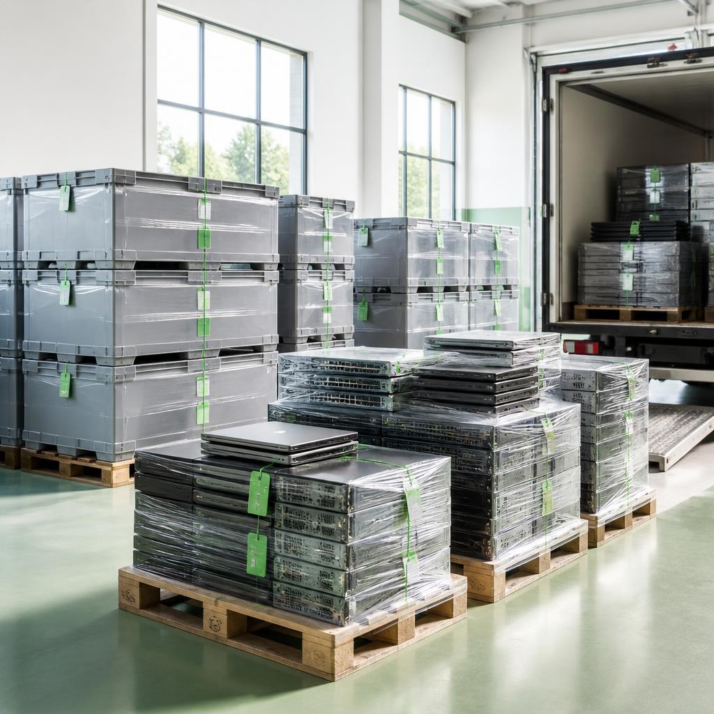 Sealed IT equipment crates at a loading dock